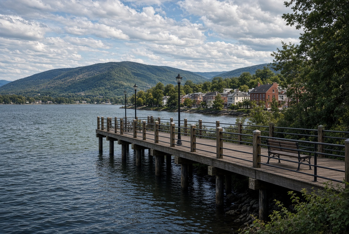 Beacon New York waterfront pier with Hudson River and mountains