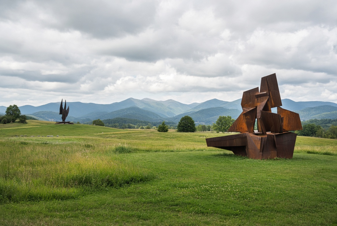 Large outdoor sculptures at Storm King Art Center with mountain backdrop