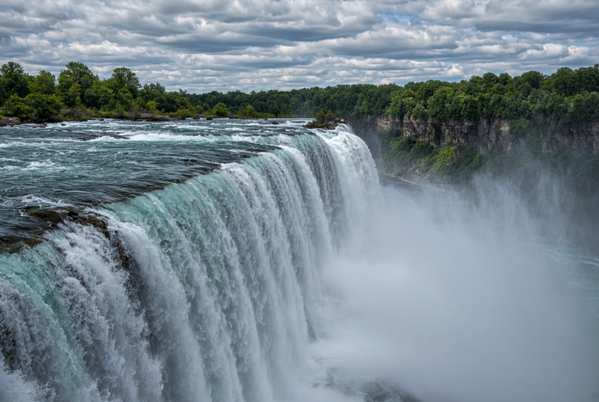 Powerful Niagara Falls cascading with mist