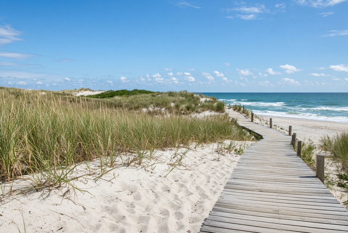 Boardwalk through dunes to the beach on Fire Island