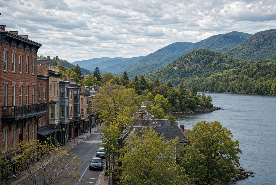 Cold Spring New York main street overlooking Hudson River and mountains