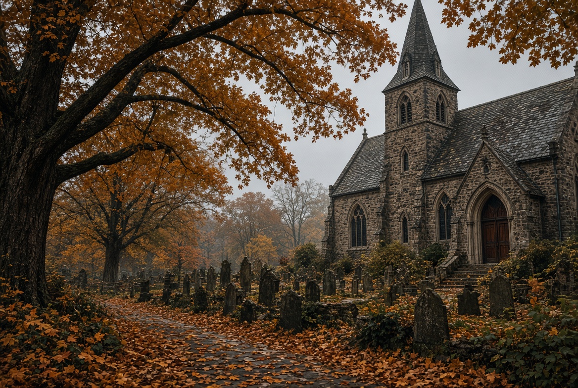 Historic church and cemetery with autumn leaves in Sleepy Hollow