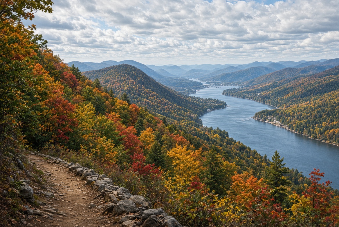 Hiking trail with autumn foliage overlooking Hudson River at Bear Mountain