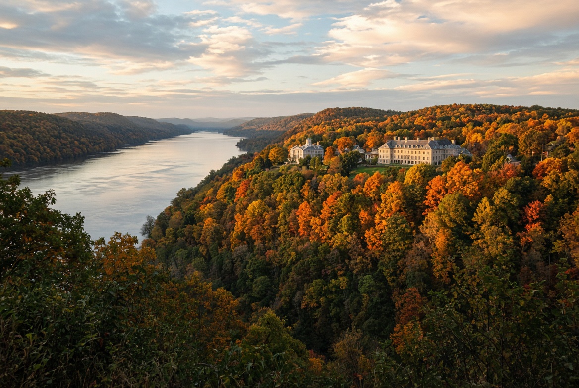 Hudson River valley landscape with autumn foliage and historic mansion